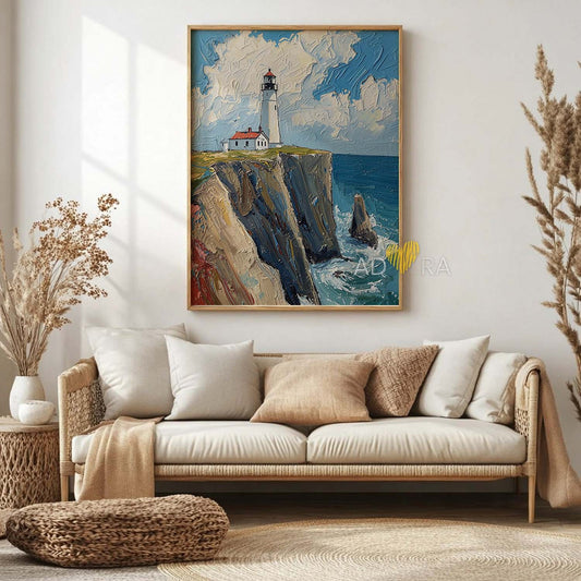 Coastal Lighthouse on Ocean Cliff Oil Paint Style Wall Art Canvas