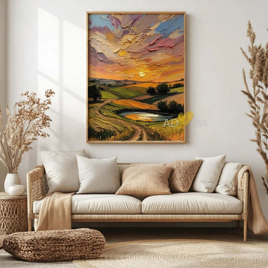 Country Pond and Winding Road at Sunset Oil Paint Style Wall Art Canvas