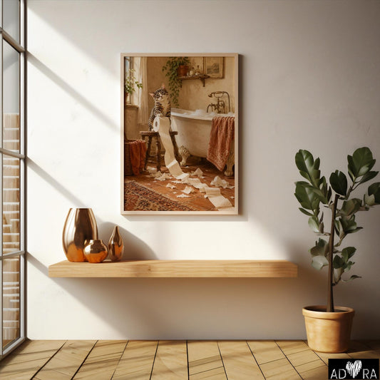 Funny Cat Toilet Paper Bathroom Vinatge Wall Art Canvas