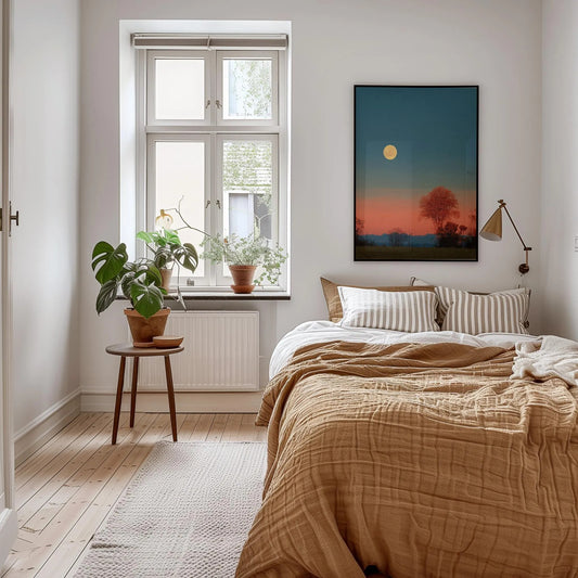 Golden and Calm Farmhouse Landscape with Solitary Tree and Moon Wall Art Canvas
