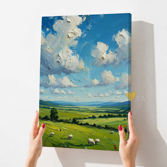 Impasto Clouds and Meadow Landscape Oil Paint Style Wall Art Canvas