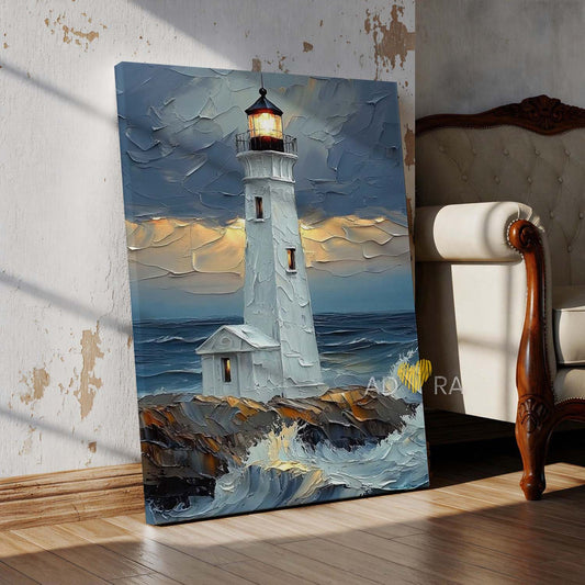 Impasto Lighthouse Seascape Oil Paint Style Wall Art Canvas