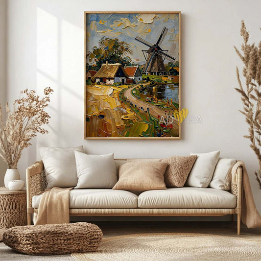 Impasto Windmill Countryside Landscape Oil Paint Style Wall Art Canvas