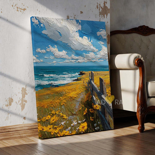 Impressionist Impasto Ocean Coastal Meadow Oil Paint Style Wall Art Canvas