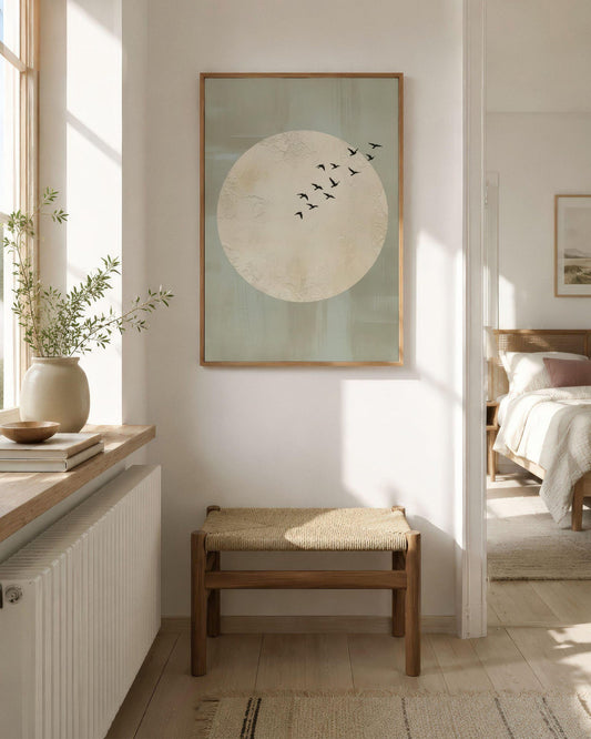 Minimalist Moon With Birds Japandi Wall Art Canvas