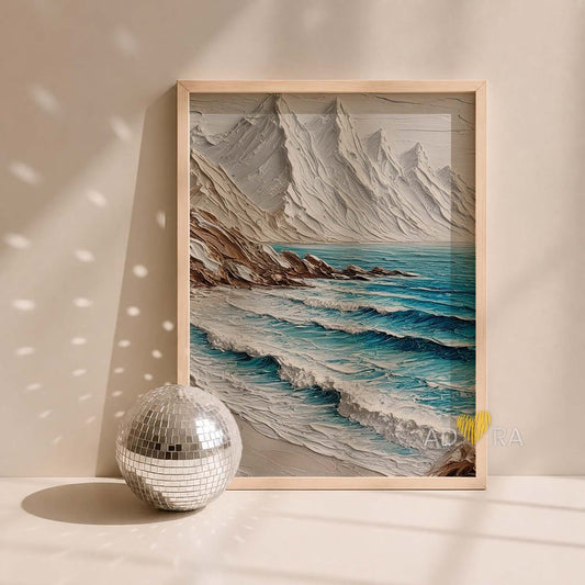 Modern Coastal Mountain Seascape Oil Paint Style Wall Art Canvas