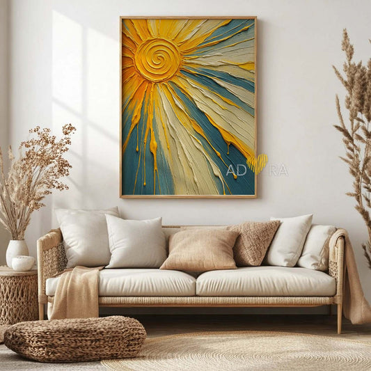 Modern Sunburst Teal Yellow Oil Paint Style Wall Art Canvas