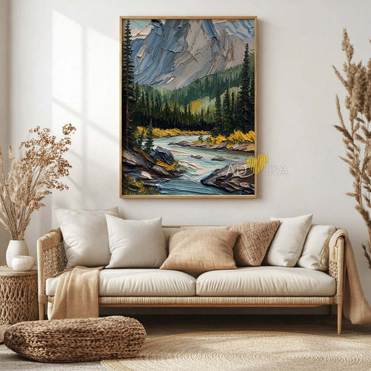 Mountain River & Pine Forest Landscape Oil Paint Style Wall Art Canvas
