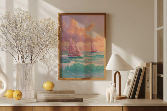 Pink Sailboat Nautical Coastal Ocean Wall Art Canvas