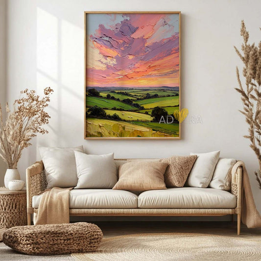 Rolling Hills and Pastel Sunset Oil Paint Style Wall Art Canvas