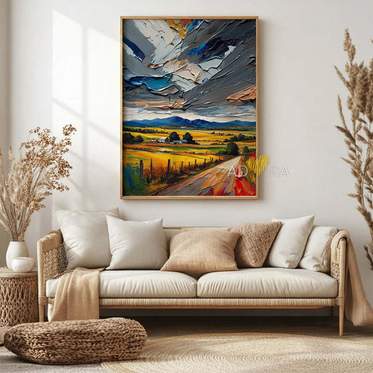 Rustic Country Road and Storm Clouds Oil Paint Style Wall Art Canvas