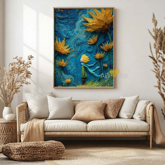 Starry Night Sunflowers Whimsical Character Art Oil Paint Style Wall Art Canvas