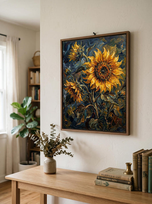 Sunflower Floral Moody Textured Oil Paint Style Wall Art Canvas