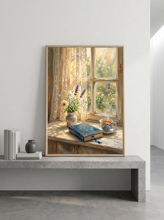 Sunlit Tea Book Daisies Oil Paint Style Cozy Window Wall Art Canvas
