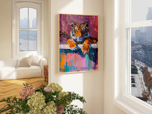 Tiger In Bathroom Preppy Wall Art Canvas