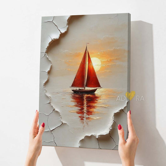 3D Illusion Red Sailboat Sunset Oil Paint Style Wall Art Canvas