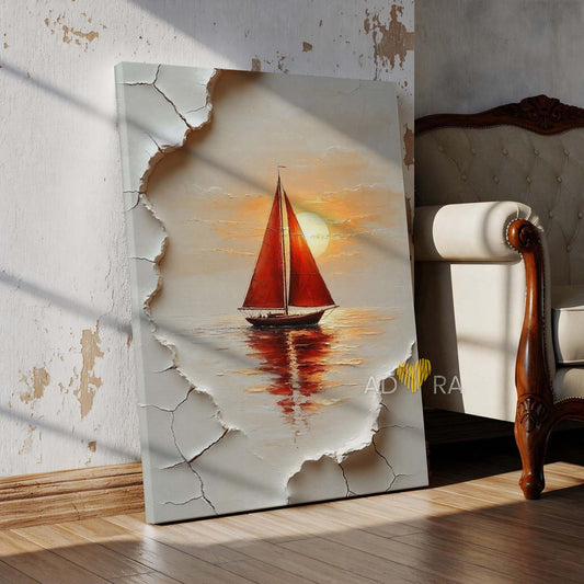 3D Illusion Red Sailboat Sunset Oil Paint Style Wall Art Canvas