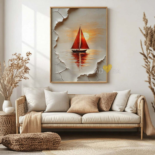 3D Illusion Red Sailboat Sunset Oil Paint Style Wall Art Canvas
