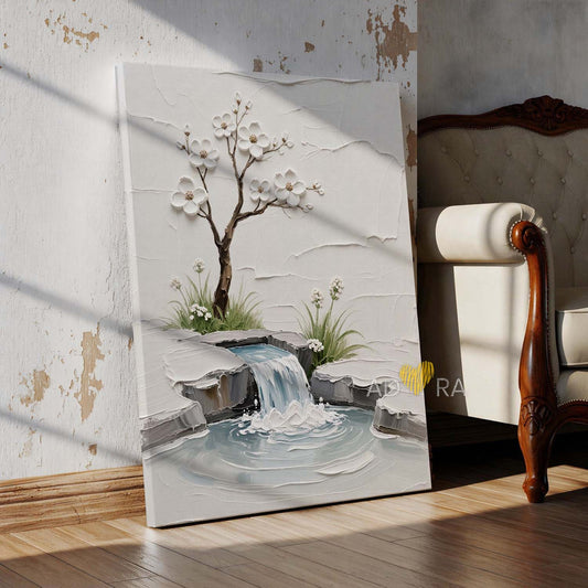 3D Textured Waterfall Oil Paint Style White Blossom Zen Tree Wall Art Canvas