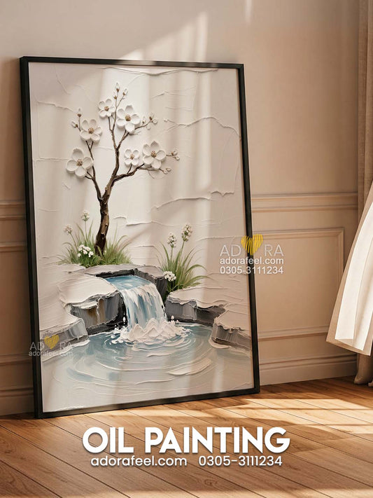 3D Textured Waterfall Oil Paint Style White Blossom Zen Tree Wall Art Canvas