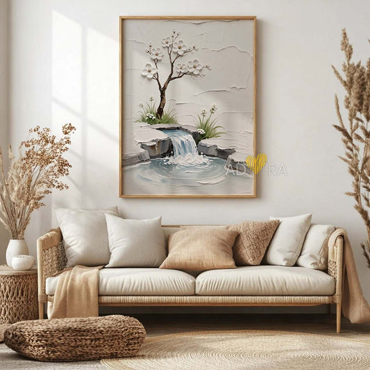 3D Textured Waterfall Oil Paint Style White Blossom Zen Tree Wall Art Canvas