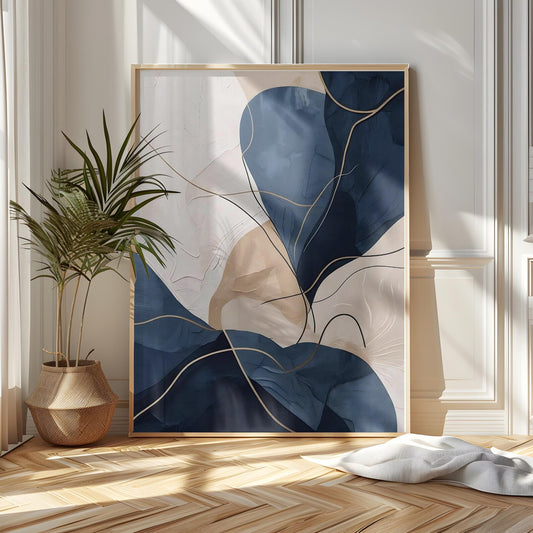 Abstract Navy Blue Beige Minimalist Wall Art Canvas