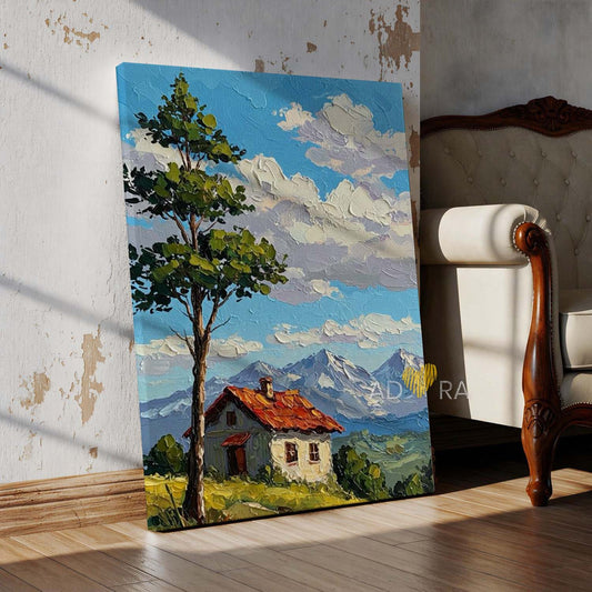 Alpine Cottage Oil Paint Style Heavy Impasto Mountain Landscape Wall Art Canvas