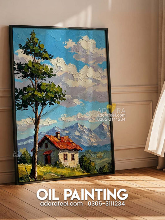 Alpine Cottage Oil Paint Style Heavy Impasto Mountain Landscape Wall Art Canvas