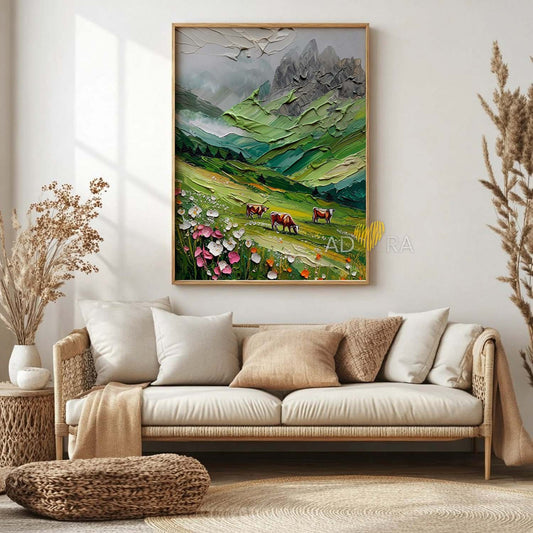 Alpine Meadow and Mountain Landscape Oil Paint Style Wall Art Canvas