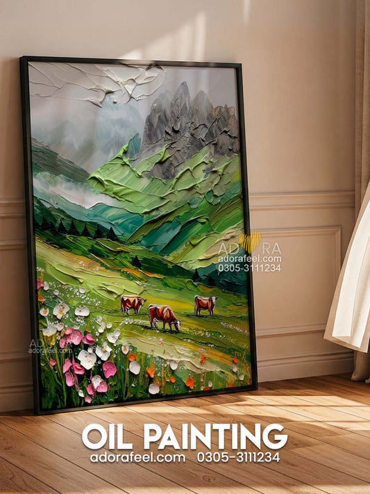 Alpine Meadow and Mountain Landscape Oil Paint Style Wall Art Canvas