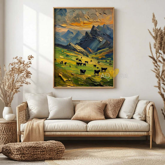 Alpine Mountain Pasture and Grazing Cattle Oil Paint Style Wall Art Canvas