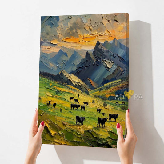 Alpine Mountain Pasture and Grazing Cattle Oil Paint Style Wall Art Canvas