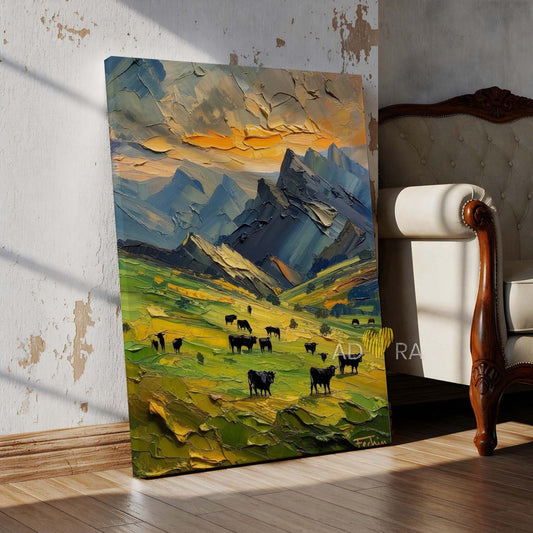 Alpine Mountain Pasture and Grazing Cattle Oil Paint Style Wall Art Canvas