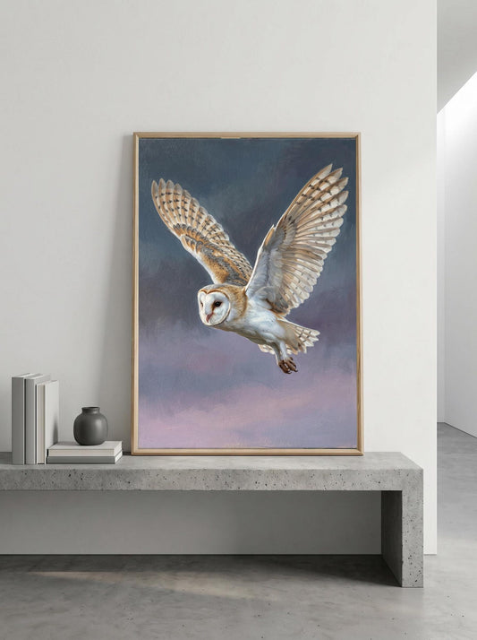 Barn Owl Oil Paint Style  Moody Wildlife Wall Art Canvas