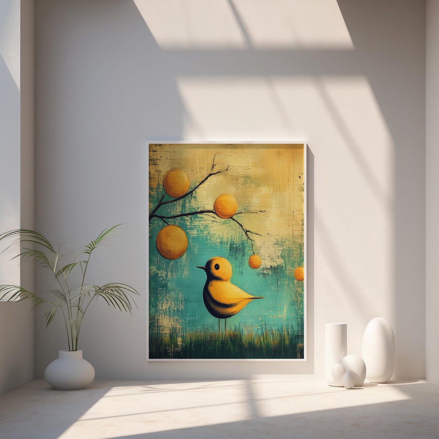 Bird Sit in the Grass Abstract Wall Art Canvas