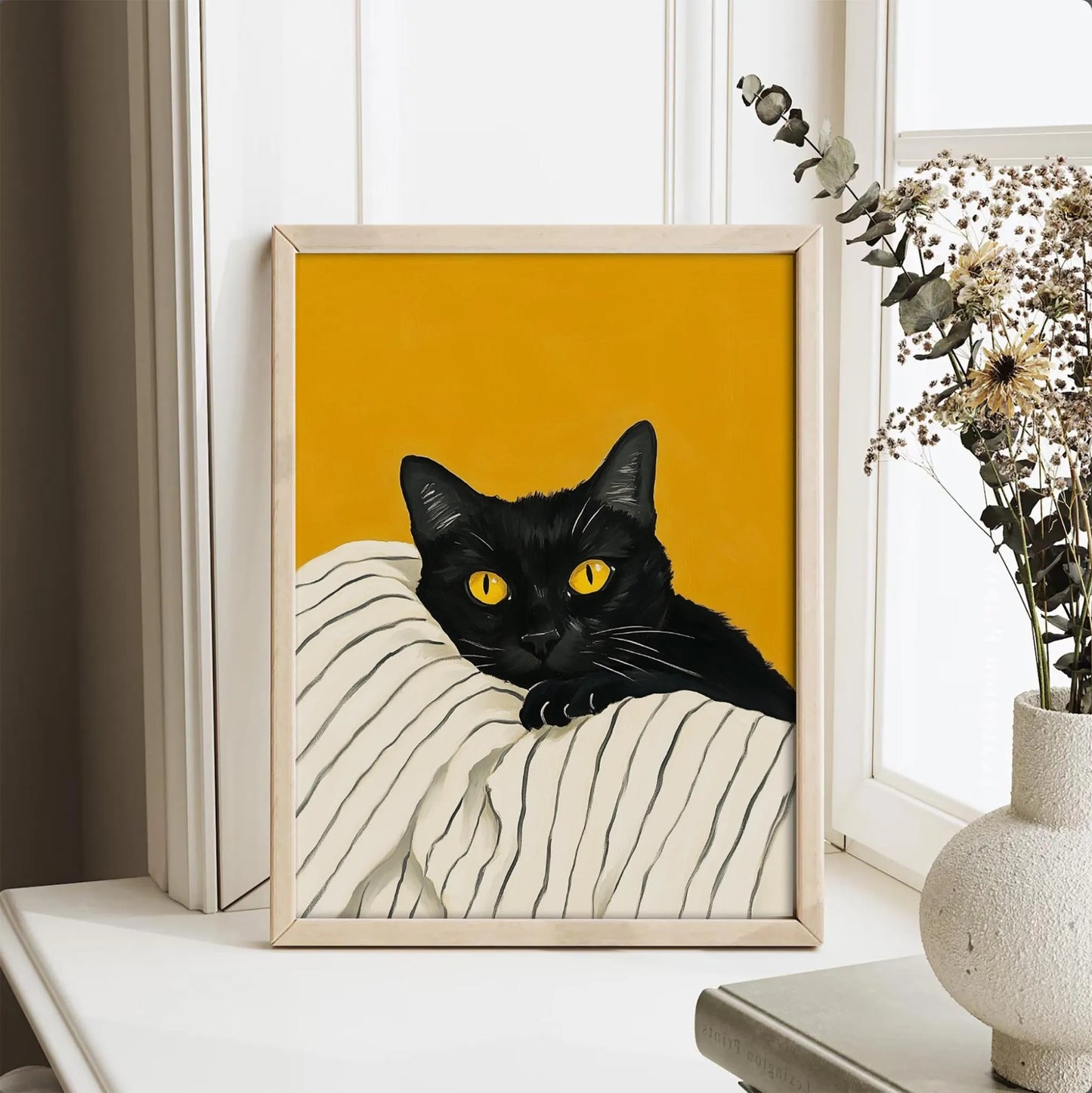 Black Cat Bold Yellow Eyes Retro Mid Century Wall Art Canvas
