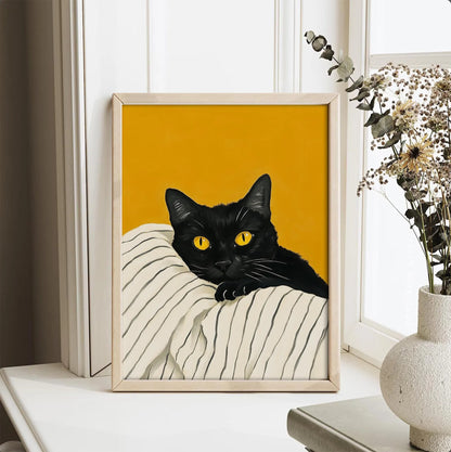 Black Cat Bold Yellow Eyes Retro Mid Century Wall Art Canvas