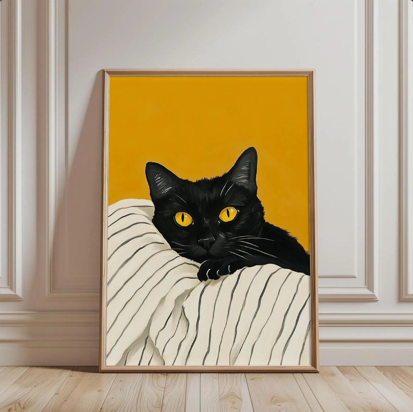 Black Cat Bold Yellow Eyes Retro Mid Century Wall Art Canvas