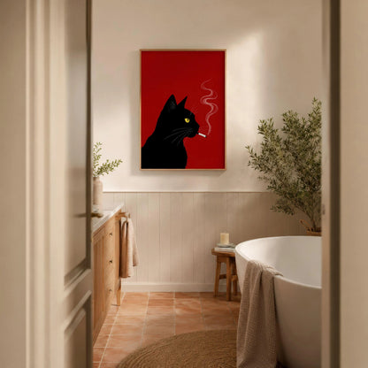 Black Cat Smoking Bold Red Minimalist Wall Art Canvas