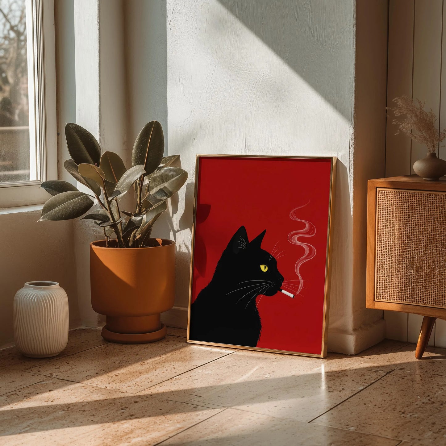 Black Cat Smoking Bold Red Minimalist Wall Art Canvas