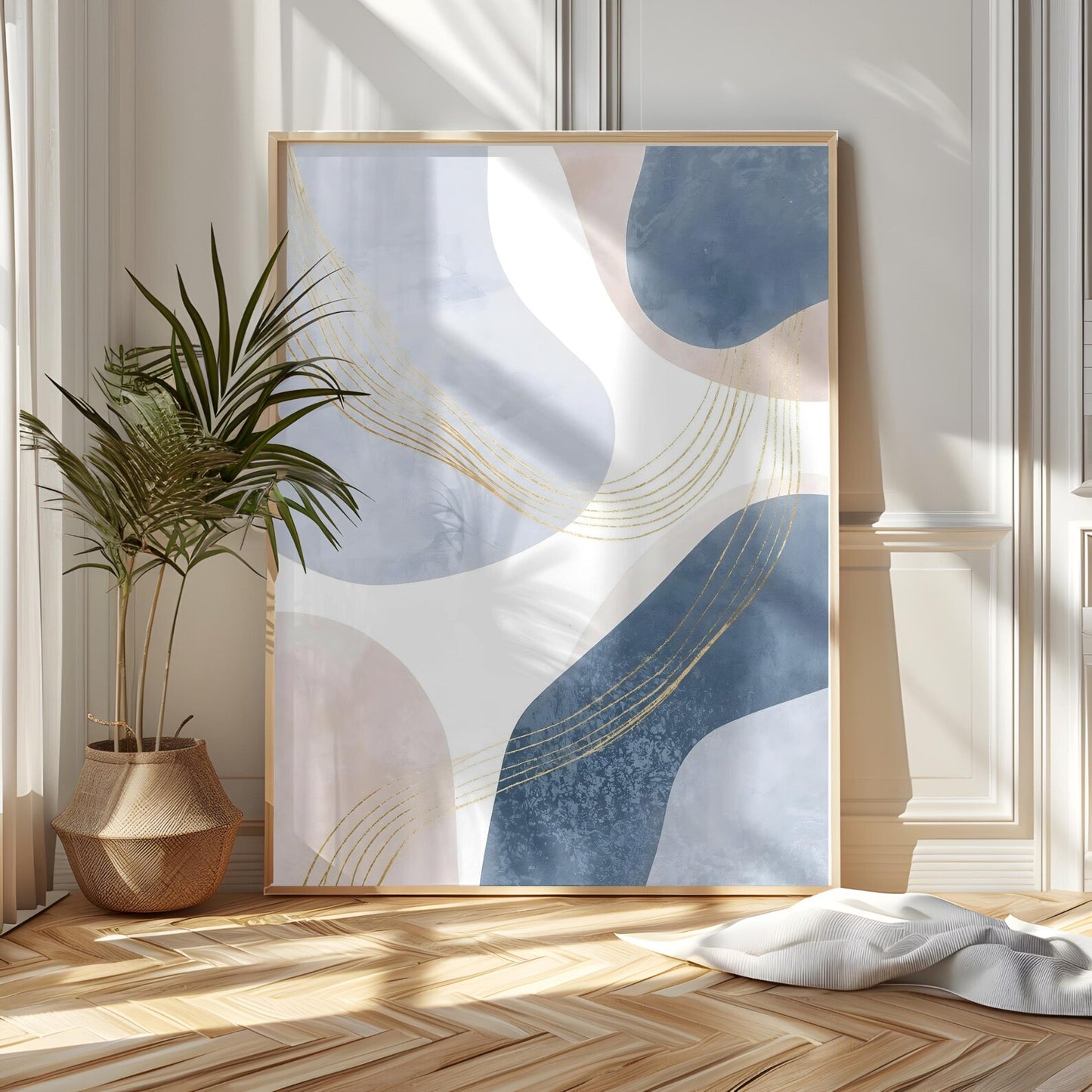 Blue Beige Gold Lines Neutral Abstract Wall Art Canvas