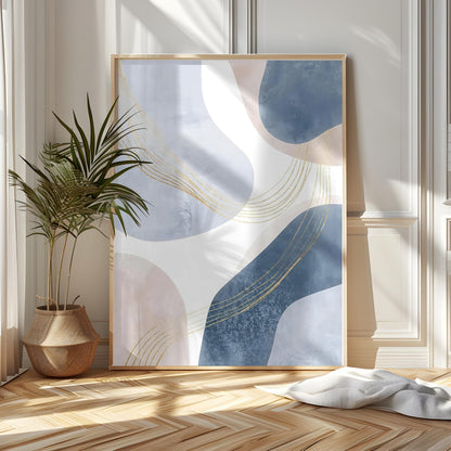Blue Beige Gold Lines Neutral Abstract Wall Art Canvas