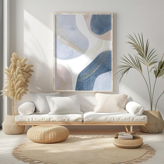 Blue Beige Gold Lines Neutral Abstract Wall Art Canvas