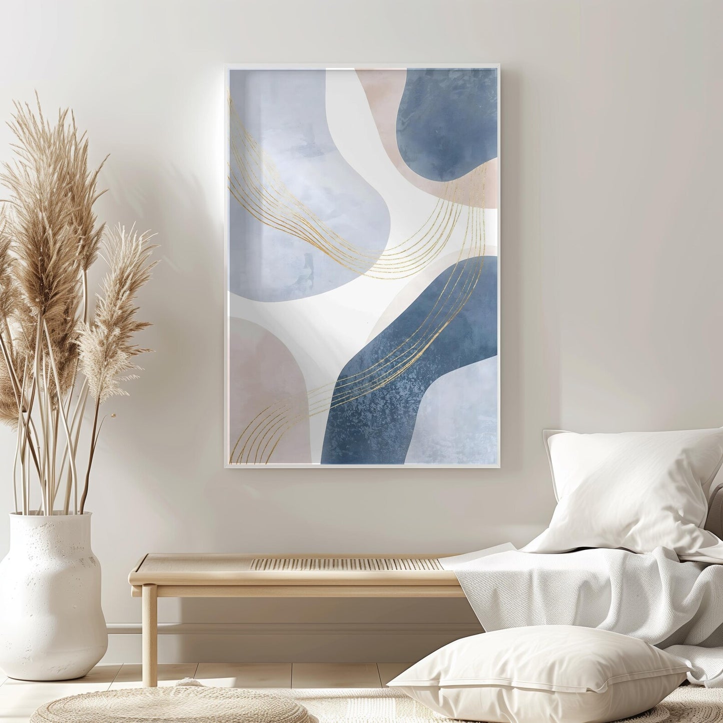 Blue Beige Gold Lines Neutral Abstract Wall Art Canvas