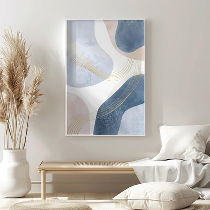 Blue Beige Gold Lines Neutral Abstract Wall Art Canvas