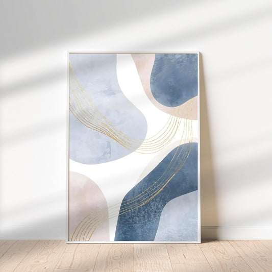 Blue Beige Gold Lines Neutral Abstract Wall Art Canvas