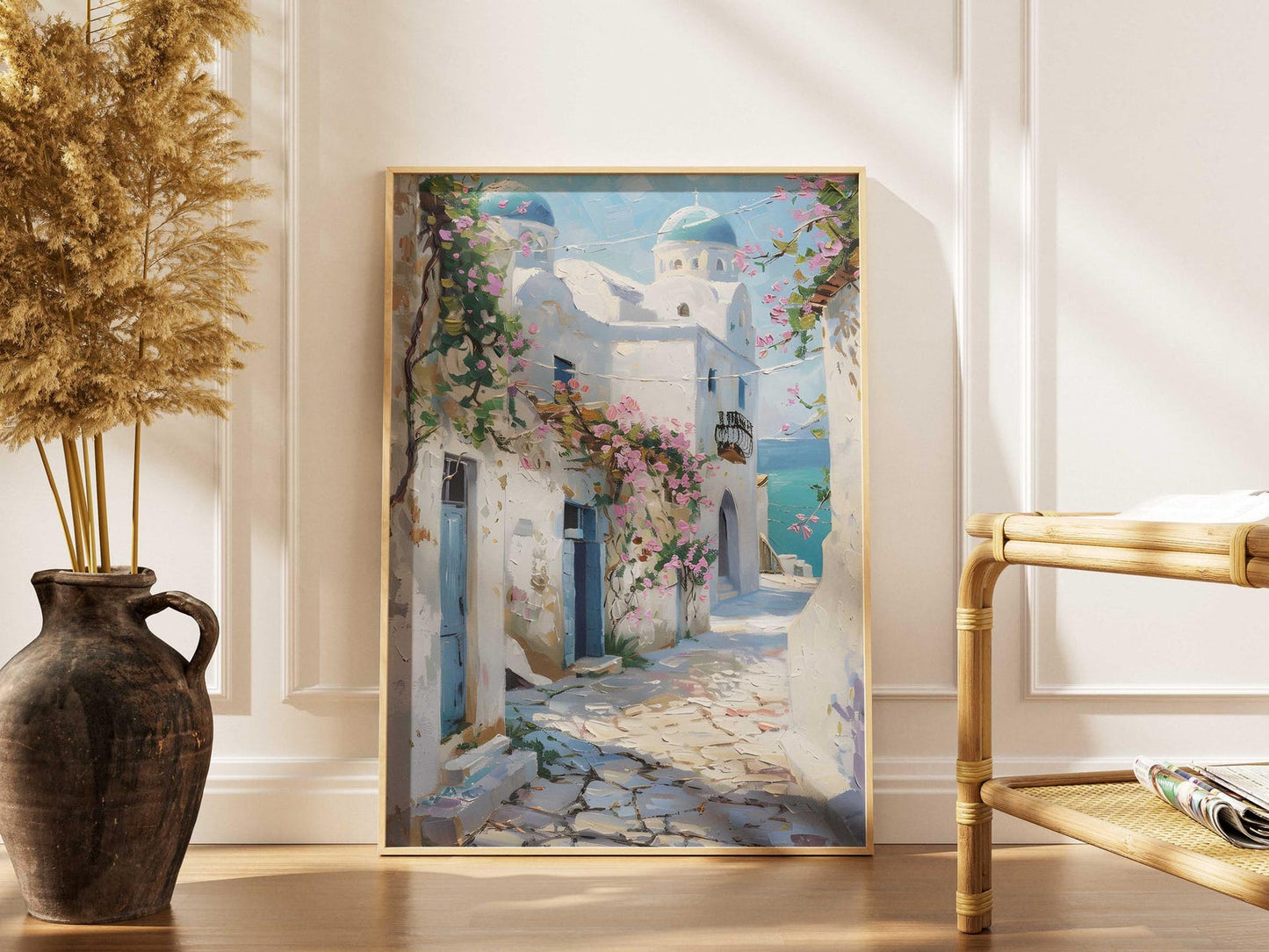 Blue Dome Church Greek Village Santorini Wall Art Canvas