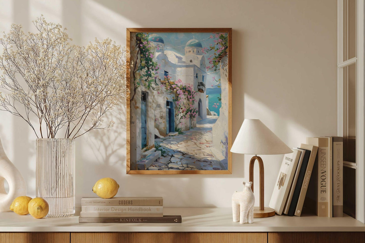 Blue Dome Church Greek Village Santorini Wall Art Canvas