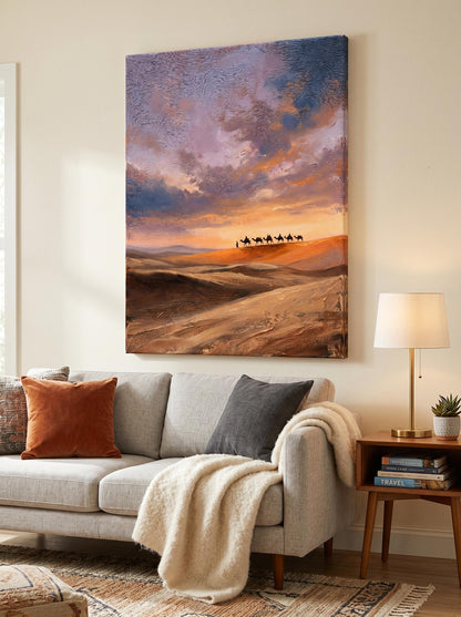 Camel Caravan Desert Sunset Landscape Wall Art Canvas