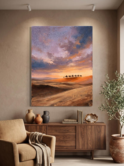 Camel Caravan Desert Sunset Landscape Wall Art Canvas